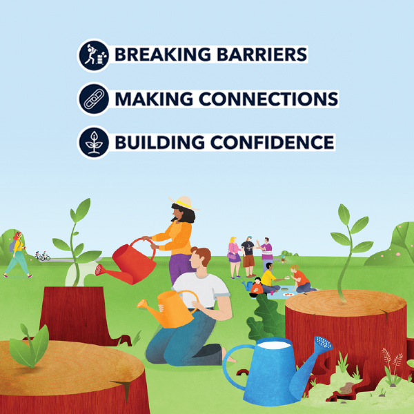 Illustration of several people gardening with the words over the sky Breaking Barriers, Making Connections, Building Confidence