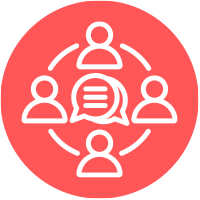 icon of 4 figures in a circle with speech bubbles inside