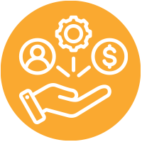 icon of hand with 3 icons floating above - person, cog, money